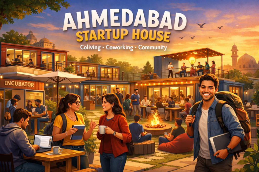 Ahmedabad Startup House, Startup House Ahmedabad, Startup Coliving Ahmedabad, Coworking Ahmedabad, Startup Hostel Ahmedabad, Founder Community Ahmedabad, Startup Ecosystem Ahmedabad